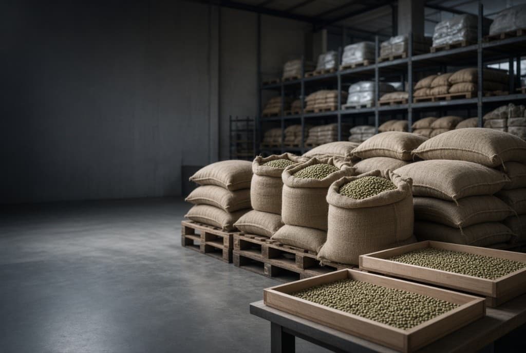 Green coffee beans in burlap sacks and sample trays in an industrial warehouse